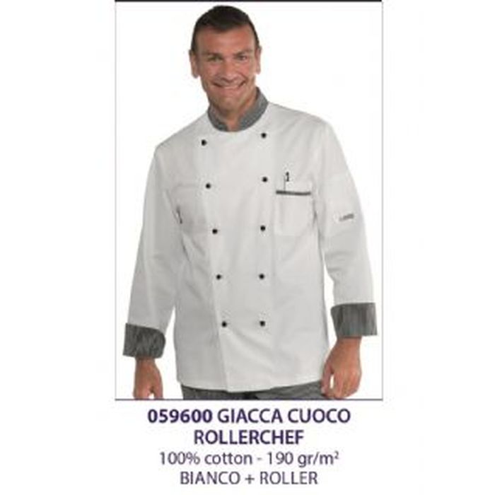 Giacca cuoco Bicolore Rollerchef, manica corta o lunga, Bianco+Roller