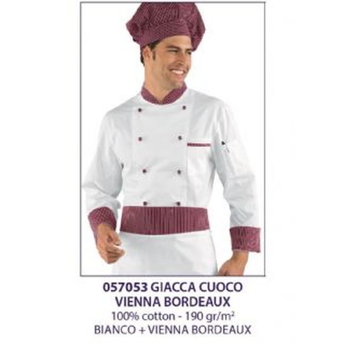 Giacca cuoco Bicolore, manica corta o lunga, Bianco+Vienna Bordeaux